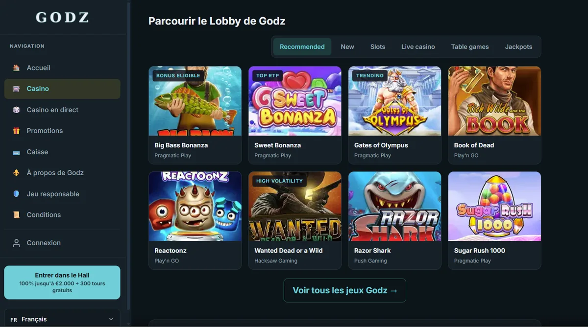 Godz page d'accueil casino avec dépôt PayPal