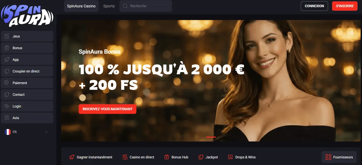 SpinAura page d'accueil casino avec dépôt PayPal